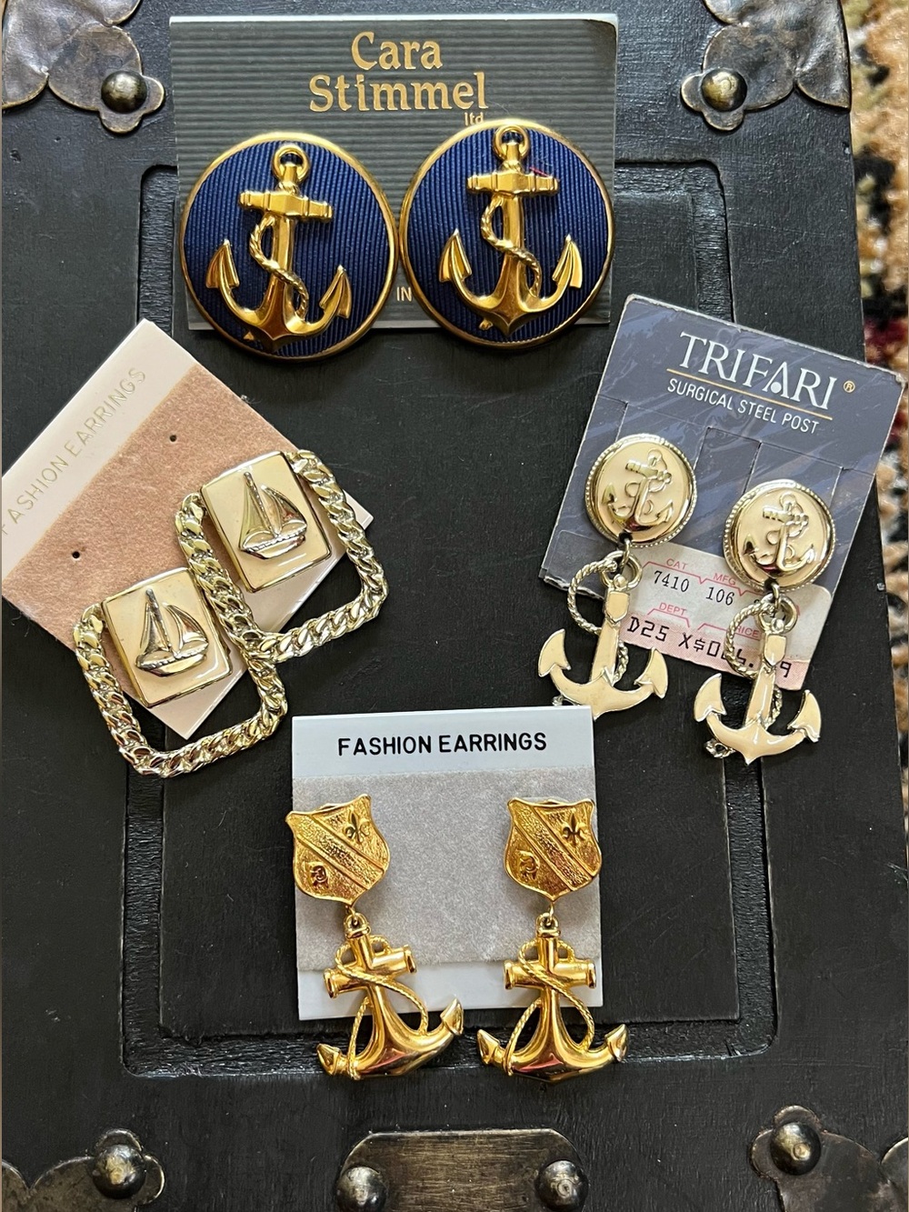 Fashion Earrings Jewelry: Nautical Anchor Sailboat Dangle: 1980s -New Old Stock